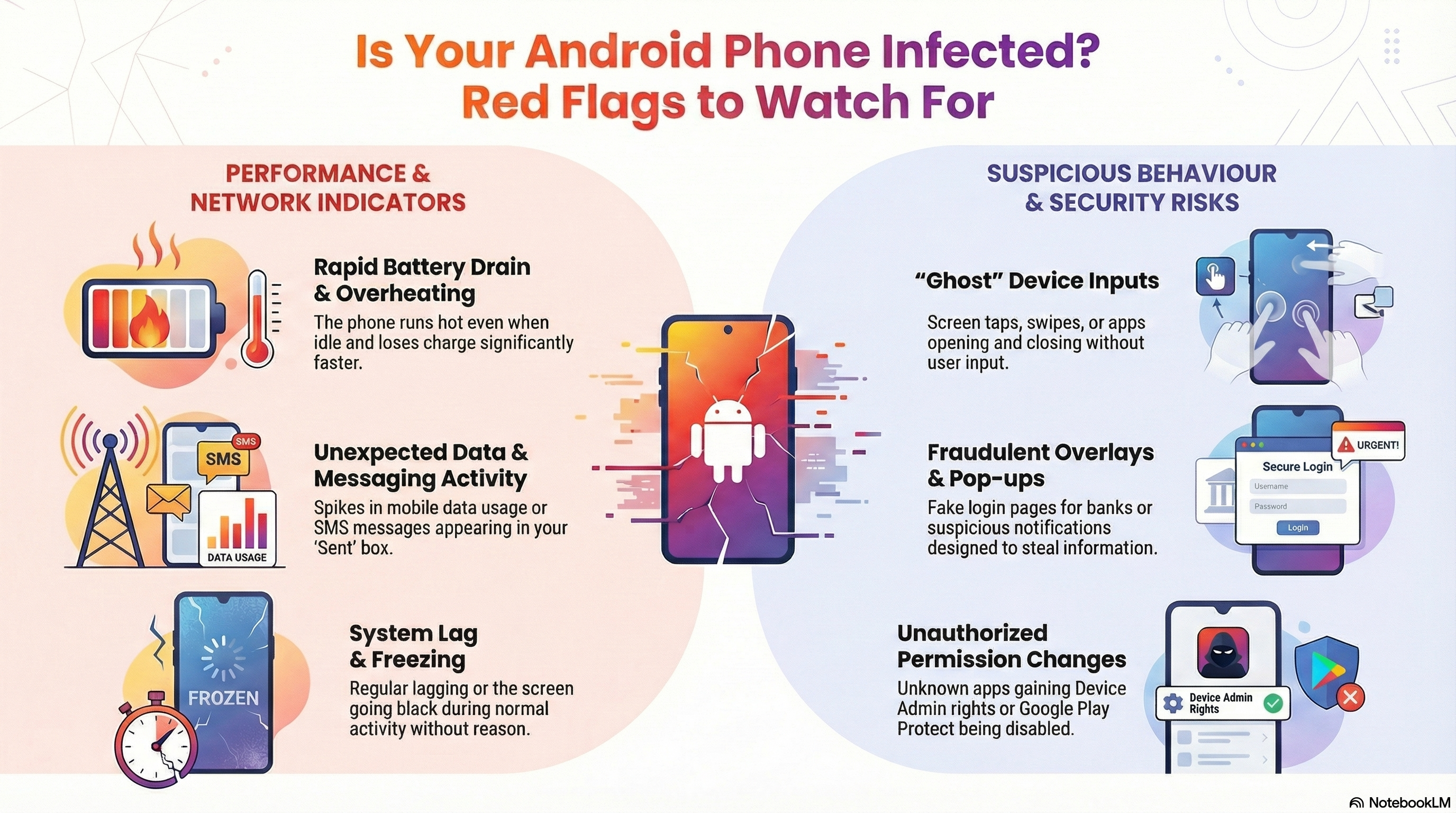 Infographic showing red flags of Android phone infection, including performance issues, suspicious network activity, and strange device behavior
