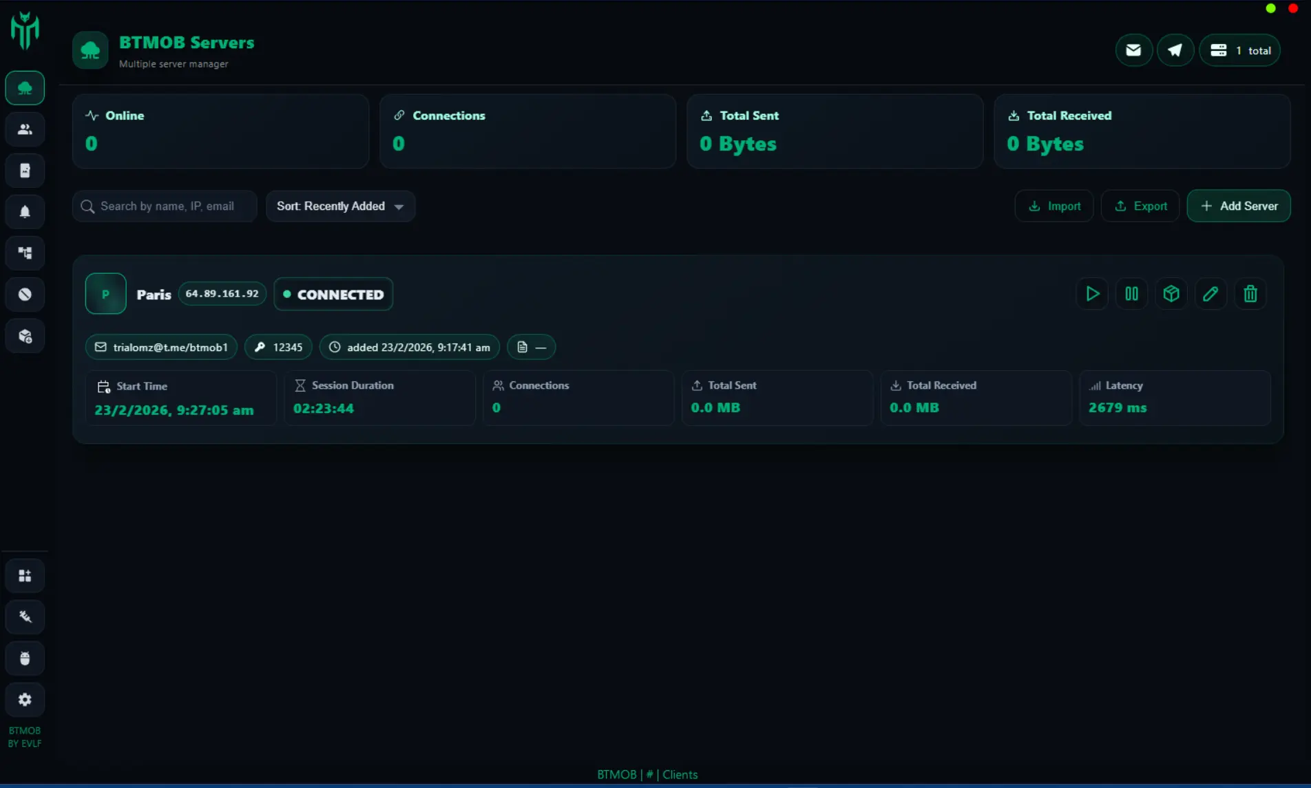 BT Mob RAT server management dashboard showing BTMOB Servers panel with connected Paris server, session duration, connection stats, total sent and received data, and server latency metrics