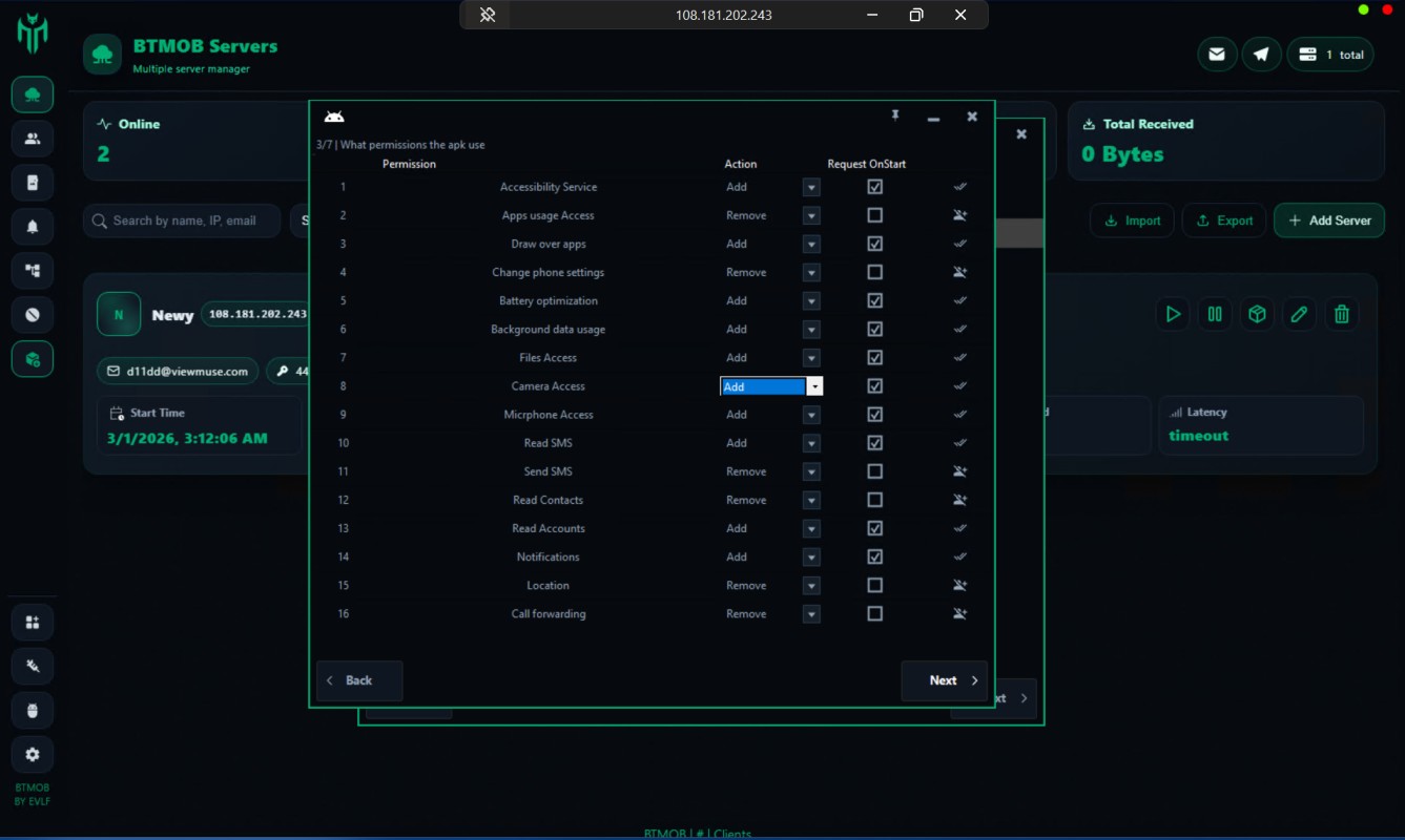 BT Mob RAT APK permission builder showing 16 configurable permissions including Accessibility Service, Camera Access, Microphone Access, Read SMS, Send SMS, Notifications, Location, and Call Forwarding with Add or Remove actions