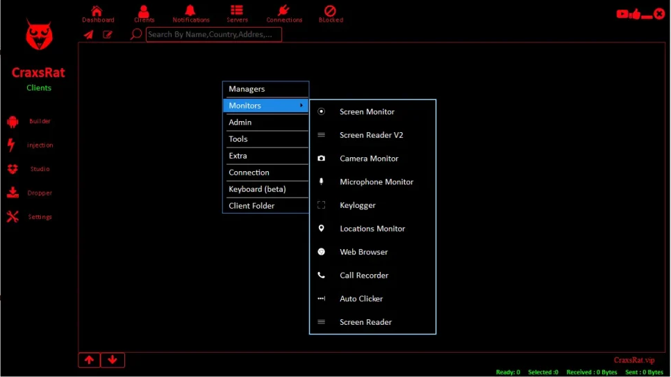 CraxsRAT Clients panel showing monitoring features including Screen Monitor, Camera Monitor, Microphone Monitor, Keylogger, Locations Monitor, Call Recorder, Auto Clicker, and Screen Reader tools used for remote Android spying