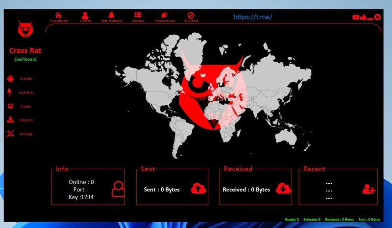 CraxsRAT dashboard panel showing world map with infected device locations, builder, injection, studio, dropper, and settings menu options for remote Android device control