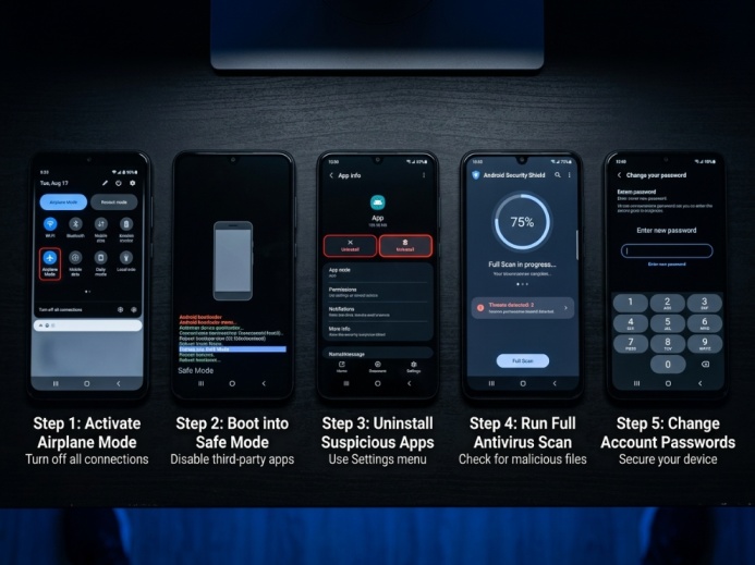 Infographic showing 5 steps to remove CraxsRAT: 1 Activate Airplane Mode, 2 Boot into Safe Mode, 3 Uninstall Suspicious Apps, 4 Run Full Antivirus Scan, 5 Change Account Passwords