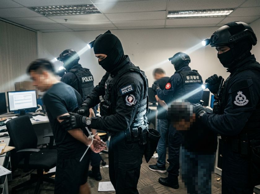 Singapore Police Force and Hong Kong Police officers arresting cybercriminals during Operation DISTANTHILL raid, handcuffing suspects involved in CraxsRAT Android malware fraud campaign in Southeast Asia