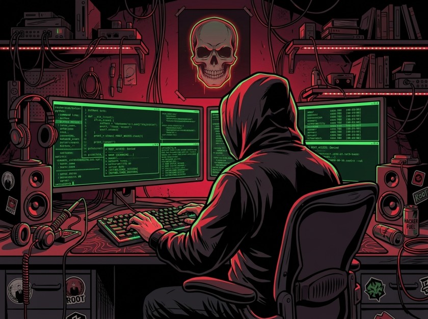 Illustration of EVLF hacker developer behind CraxsRAT and BT Mob RAT Android malware, sitting at a multi-monitor hacking setup with code on screens